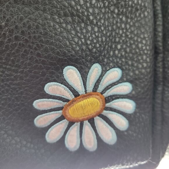 Black Faux Vegan Leather Backpack Applique Heart Lips Eye Flower Kidcore‎ Funky - Picture 3 of 11